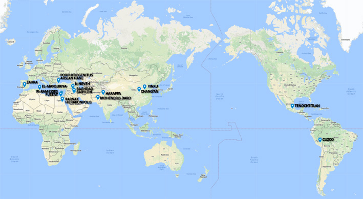 Map of world with ancient zoos